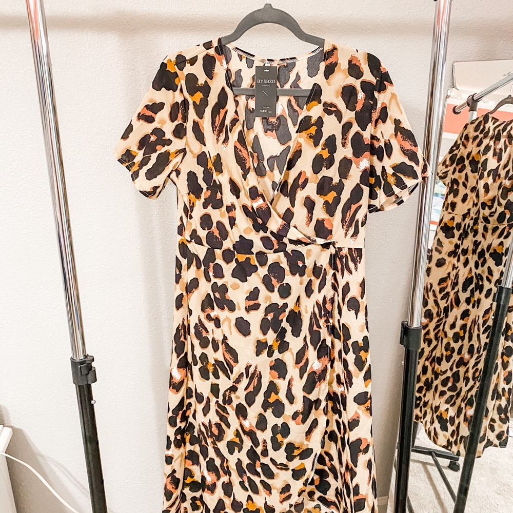 Leopard Print Wrap Midi Dress